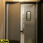 Open Restaurant Door | PE-610ALC double-action swinging door with vision panels, installed in a hallway for seamless back-of-house access
