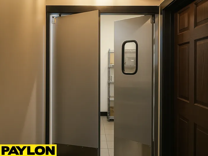 Open Restaurant Door PE-610ALC double-action swinging door with vision panels Open Restaurant Door | PE-610ALC double-action swinging door with vision panels, installed in a hallway for seamless back-of-house access