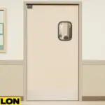 PE-710 retail swinging door installed in a school hallway near a classroom or teacher lounge, featuring a beige finish, single push design, and oval vision window for safe traffic flow. Let me know if you’d like variations for accessibility, image SEO, or product catalogs