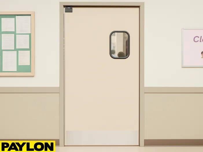 PE-710 retail swinging door installed in a school hallway near a classroom or teacher lounge, featuring a beige finish PE-710 retail swinging door installed in a school hallway near a classroom or teacher lounge, featuring a beige finish, single push design, and oval vision window for safe traffic flow. Let me know if you’d like variations for accessibility, image SEO, or product catalogs