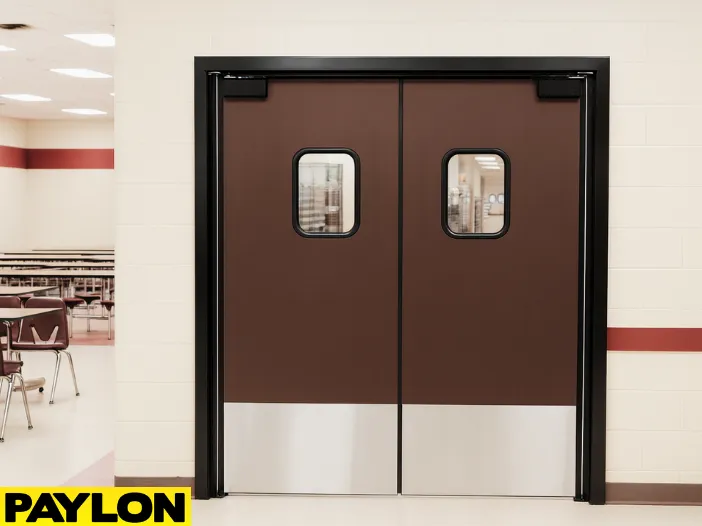 PE-720 retail swinging door installed in a school cafeteria hallway, featuring dark brown panels, stainless steel kick plates, and clear vision windows PE-720 retail swinging door installed in a school cafeteria hallway, featuring dark brown panels, stainless steel kick plates, and clear vision windows framed in black for safe two-way traffic flow