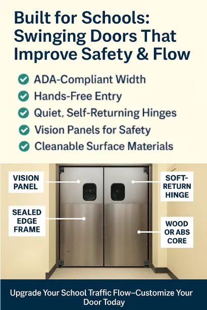 PE-8000 industrial swinging door installed between a school cafeteria and kitchen, featuring dark impact-resistant panels (2) Infographic by Traffic Swinging Doors showcasing key features of swinging doors in school cafeterias and teacher lounges to keep foot traffic moving safely and efficiently