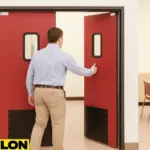 PE-8000 industrial swinging door installed in a school teacher lounge entrance, with a man entering through the red double doors featuring black bumpers and vision panels, designed for smooth staff foot traffic