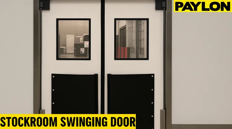 Paylon stockroom swinging doors installed in a retail backroom Paylon stockroom swinging doors installed in a retail backroom, featuring black bumpers, vision panels