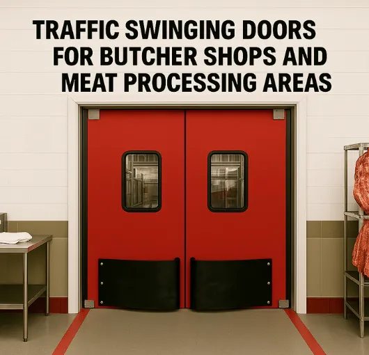 Red double traffic swinging doors installed in a meat processing facility, featured by Traffic Swinging Doors for butcher shops and meat processing areas