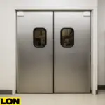 Retail Door PE-620ALC by Paylon – Brushed Aluminum Double Swinging Doors with Oval Vision Panels for Backroom and Stockroom Access in Retail Environments
