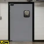 Retail Door PE-710 by Paylon – Single Gray Swinging Door with Rounded Vision Panel, Designed for Staff-Only Areas in Commercial and Entertainment Facilities