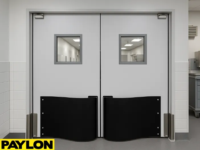 Retail Door PE-720 by Paylon – White Double Swinging Doors with Black Lower Impact Plates, Designed for High-Traffic Kitchen and Food Service Areas