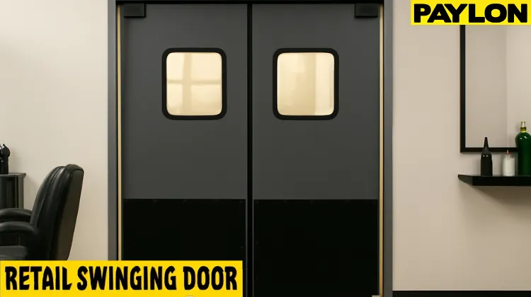 Retail Door PE-720 in a barbershop and salons with swinging door design Retail Door | PE-720 in a barbershop and salons with swinging door design, showcasing sleek gray and black panels with clear windows, and a shelf with hair products