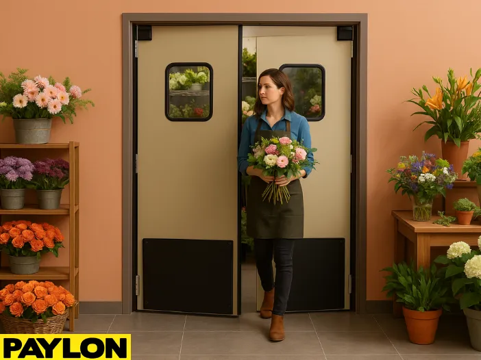 Retail Door PE-720 inside a florist shop, with a florist holding a bouquet while exiting through beige swinging doors Retail Door PE-720 inside a florist shop, with a florist holding a bouquet while exiting through beige swinging doors, surrounded by colorful flower arrangements and warm peach-colored walls