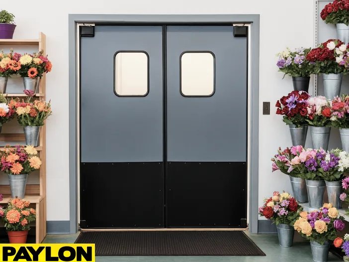Retail Door PE-720 installed in a florist shop, surrounded by metal buckets filled Retail Door PE-720 installed in a florist shop, surrounded by metal buckets filled with colorful fresh flowers on both sides