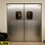 Retail double swinging door model PE-620ALC with aluminum-clad wood core, shown in a clean, modern barbershop or salon interior