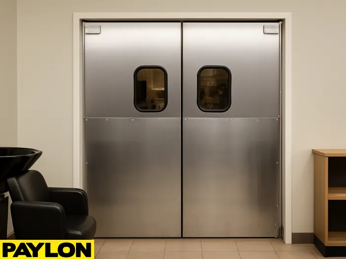Retail double swinging door model PE-620ALC with aluminum-clad wood core Retail double swinging door model PE-620ALC with aluminum-clad wood core, shown in a clean, modern barbershop or salon interior
