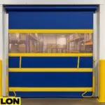 Roll-Up Vinyl Door – Manual by Industrial Roll-Up Doors installed in a commercial facility, featuring durable blue fabric panels and yellow safety accents for secure, manual operation