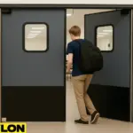 Student walking through a PE-720 retail swinging door in a school hallway, showing the door's two-way access design and durable build ideal for high-traffic areas like cafeterias and lounges