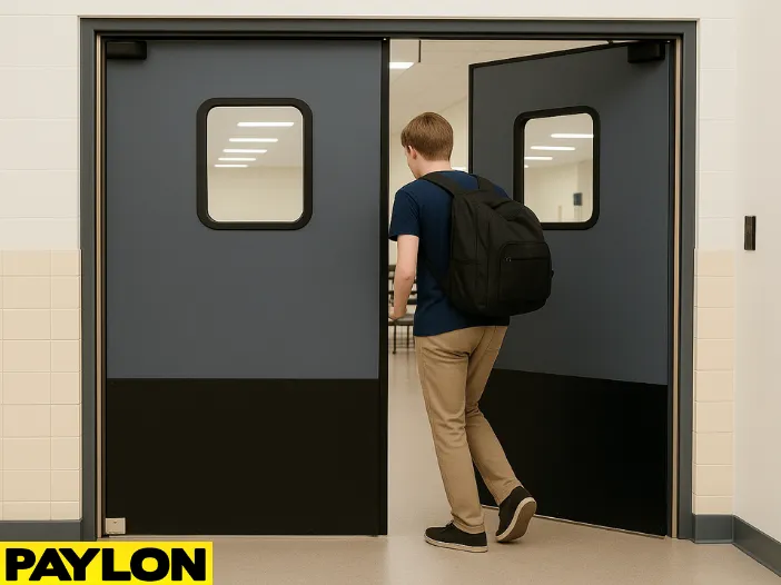 Student walking through a PE-720 retail swinging door in a school hallway (3) Student walking through a PE-720 retail swinging door in a school hallway, showing the door's two-way access design and durable build ideal for high-traffic areas like cafeterias and lounges