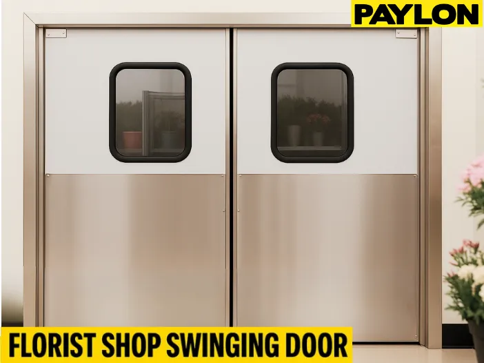 Swinging doors in florist shops providing behind-the-cooler access without losing temperature control, featuring insulated double-action doors Swinging doors in florist shops providing behind-the-cooler access without losing temperature control, featuring insulated double-action doors with vision panels and floral displays nearby