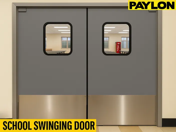 Swinging doors in school cafeterias and teacher lounges keep foot traffic moving Swinging doors in school cafeterias and teacher lounges keep foot traffic moving with double-action doors designed for safe, efficient student flow