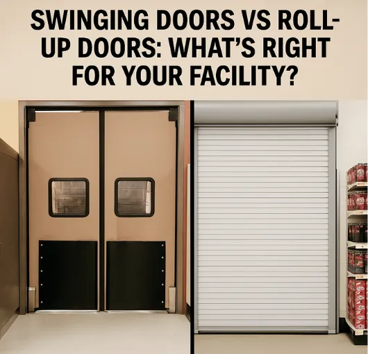 Traffic Swinging Doors comparison image showing swinging doors vs roll-up doors for commercial facilities – helping users decide what’s right for their facility