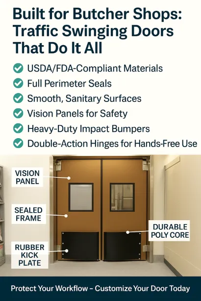 Traffic Swinging Doors for Butcher Shops infographic by TrafficSwingingDoors.com Traffic Swinging Doors for Butcher Shops infographic by TrafficSwingingDoors.com – Highlights key features like vision panels, rubber kick plates, sealed frames, and durable poly cores, ideal for high-traffic meat processing areas
