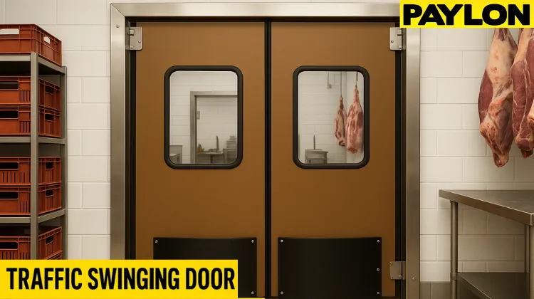 Traffic Swinging Doors in a butcher shop meat processing area Traffic Swinging Doors installed by Traffic Swinging Doors in a butcher shop meat processing area, showing brown double-action doors with black kick plates and food-safe surroundings