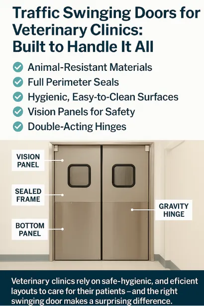 Traffic Swinging Doors installed in a veterinary clinic Traffic Swinging Doors installed in a veterinary clinic, demonstrating features that support safety and hygiene—ideal for clinics prioritizing pet care efficiency. Swinging Doors in Vet Clinics: Improve Safety While Managing Furry Patients.