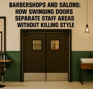 Traffic Swinging Doors – double swinging doors installed in a modern barbershop, showcasing how stylish staff area separation can be achieved without compromising aesthetics