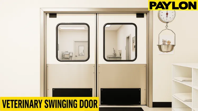 Traffic Swinging Doors installed in a veterinary clinic Traffic Swinging Doors installed in a veterinary clinic, showcasing how swinging doors in vet clinics improve safety while managing furry patients in a clean, professional environment