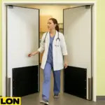 A veterinarian walks through a PE-720 Retail Swinging Door in a clinic setting – ideal for improving safety and flow in veterinary environments