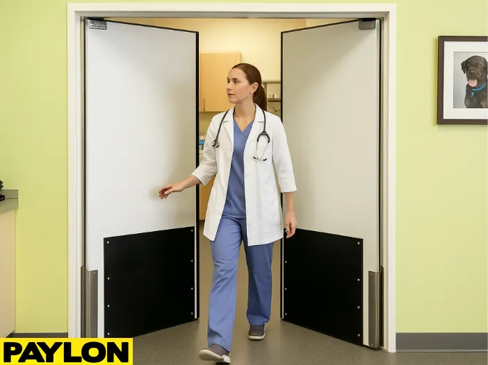 A veterinarian walks through a PE-720 Retail Swinging Door in a clinic setting A veterinarian walks through a PE-720 Retail Swinging Door in a clinic setting – ideal for improving safety and flow in veterinary environments