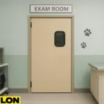Retail Door PE-710 single-swing door installed in a veterinary clinic exam room, featuring a small tinted window, mint green walls, animal cages, paw print wall decals, and a stainless steel exam table