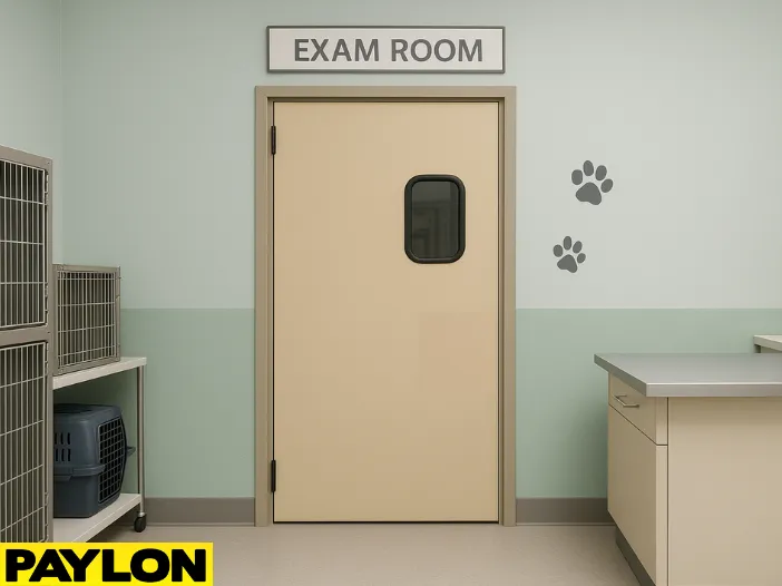 Retail Door PE-710 single-swing door installed in a veterinary clinic exam room Retail Door PE-710 single-swing door installed in a veterinary clinic exam room, featuring a small tinted window, mint green walls, animal cages, paw print wall decals, and a stainless steel exam table