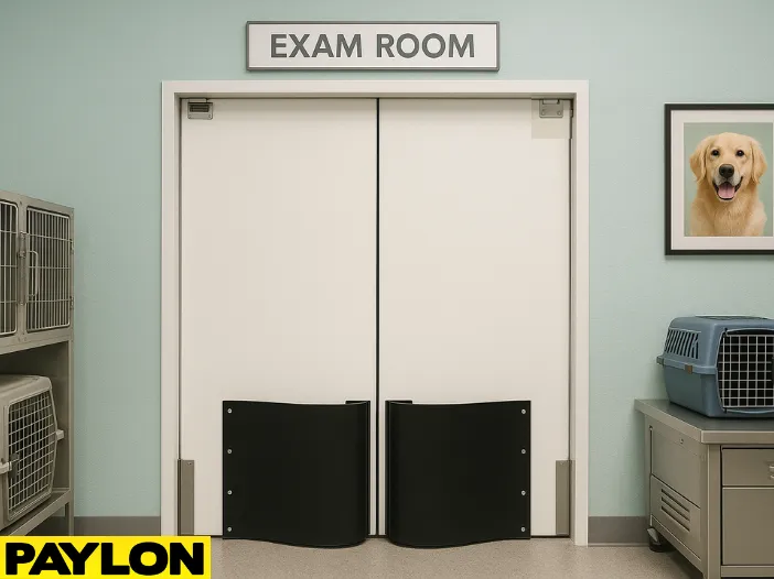 Retail Door PE-720 double-swing door installed in a veterinary clinic exam room, featuring kick plate Retail Door PE-720 double-swing door installed in a veterinary clinic exam room, featuring kick plates, a clean white finish, stainless steel cages, a pet carrier, and a framed photo of a golden retriever on a mint green wall.