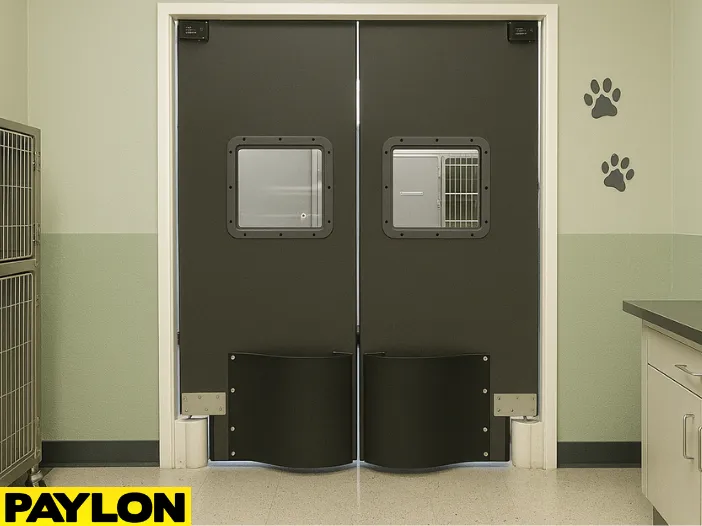 Industrial Door PE-8000 double-swing doors installed in a veterinary clinic Industrial Door PE-8000 double-swing doors installed in a veterinary clinic exam room, featuring square vision panels, kick plates, and a clean clinical setup with animal cages, paw print decals, and a stainless steel exam counter