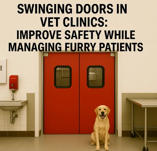 Swinging doors in a veterinary clinic with stainless walls and red accents, promoting safety and efficiency—ideal setup featured by Traffic Swinging Doors for vet clinics.