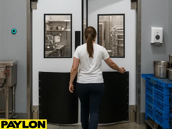 Worker entering a food processing facility through an Industrial Door PE-1500 Worker entering a food processing facility through an Industrial Door PE-1500, showcasing its clean design, hands-free access, and suitability for hygienic environments