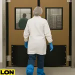 Worker passing through an Industrial Door PE-1500 in a high-traffic backroom setting, highlighting the door’s suitability for food service and light industrial use