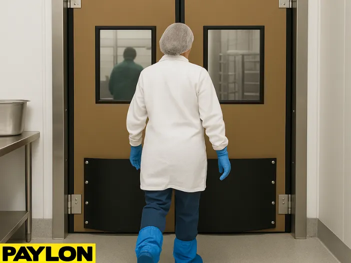Worker passing through an Industrial Door PE-1500 in a high-traffic backroom setting Worker passing through an Industrial Door PE-1500 in a high-traffic backroom setting, highlighting the door’s suitability for food service and light industrial use