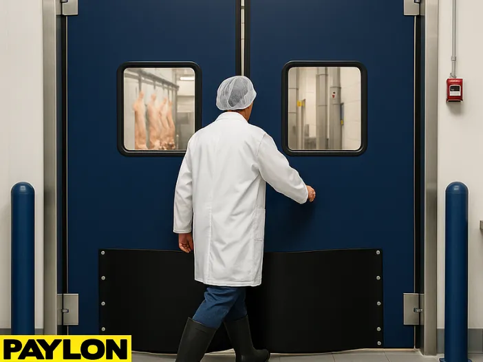 Worker walking through an Industrial Door PE-9000 inside a meat processing facility Worker walking through an Industrial Door | PE-9000 inside a meat processing facility – double-swing traffic door with kick plates and vision panels, designed for high-traffic areas