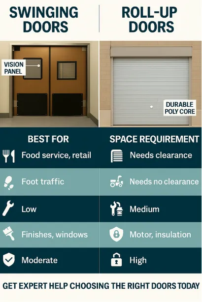 Infographic by Traffic Swinging Doors and Industrial Roll-Up Doors comparing features of each product type, supporting the article “Swinging Doors vs Roll Up Doors: What’s Right for Your Facility