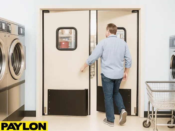 A man enters through the Retail Door PE-720 in a commercial laundromat, surrounded by front-loading washers, dryers, and a metal laundry cart, showcasing smooth, hands-free backroom access that keeps workflow efficient and out of customer view