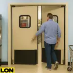 A man enters through the Retail Door PE-720 in a commercial laundromat, surrounded by front-loading washers, dryers, and a metal laundry cart, showcasing smooth, hands-free backroom access that keeps workflow efficient and out of customer view