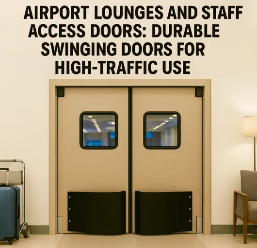 Airport lounges and staff access doors durable swinging double-action doors with vision panels and kick plates in a high-traffic airport corridor