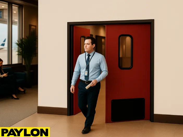 Airport staff member exiting through Industrial Door PE-8000 in airport lounge staff access area Airport staff member exiting through Industrial Door PE-8000 in airport lounge staff access area