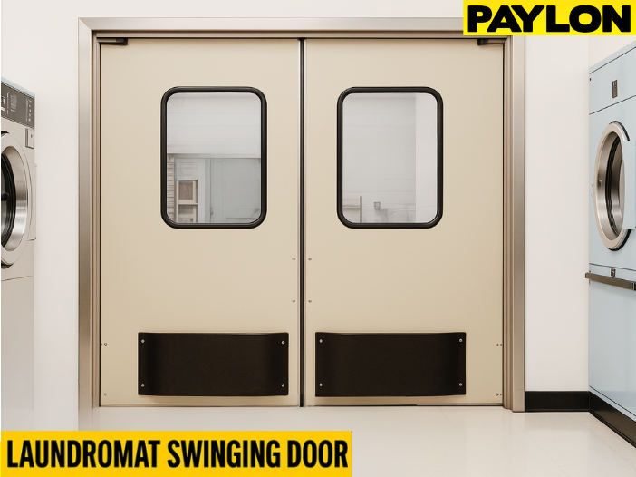 Beige double-action laundromat swinging door with vision panels and black kick plates, installed between washers in a clean, modern laundry facility. PAYLON branding and ‘Laundromat Swinging Door’ label appear in bold yellow and black