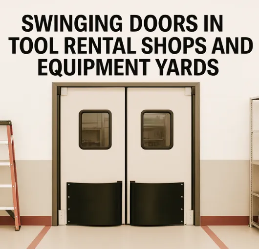 Beige swinging doors in a tool rental shop with ladder and equipment shelves, illustrating durable traffic doors for tool rental shops and equipment yards