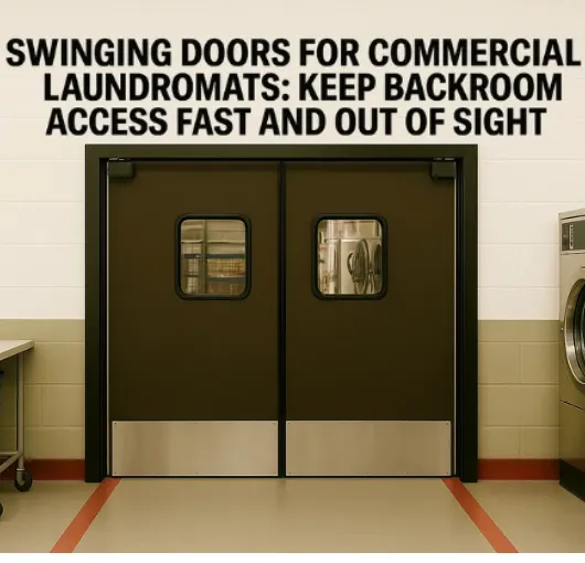 Commercial swinging doors in a laundromat setting, designed for fast backroom access and privacy, featuring dual panels with vision windows and reinforced lower sections