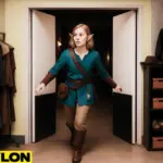   Cosplayer dressed as a fantasy adventurer stepping through the Retail Door PE-720 in a costume shop backroom with racks of colorful outfits