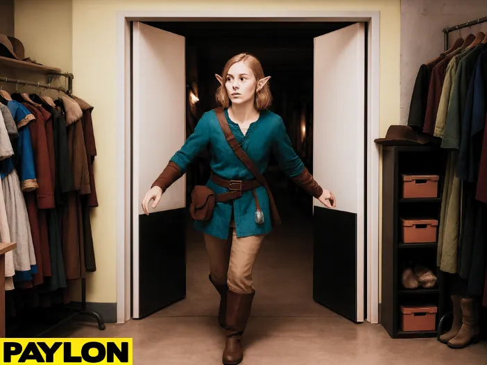 Cosplayer dressed as a fantasy adventurer stepping through the Retail Door PE-720 in a costume shop backroom with racks of colorful outfit Cosplayer dressed as a fantasy adventurer stepping through the Retail Door PE-720 in a costume shop backroom with racks of colorful outfits