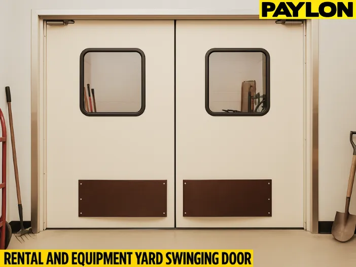 Double-action swinging doors in a tool rental shop, showing beige doors with kick plates and clear windows, set against a well-lit industrial environment. This design is ideal for environments like microbreweries, where swinging doors separate production from taproom traffic, ensuring smooth operations and accessibility